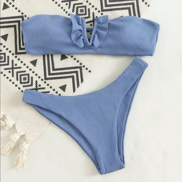 🎉🦋Skylar PERIWINKLE Ruffle Ribbed Bandeau Bikini Set 🦋 - Picture 2 of 4